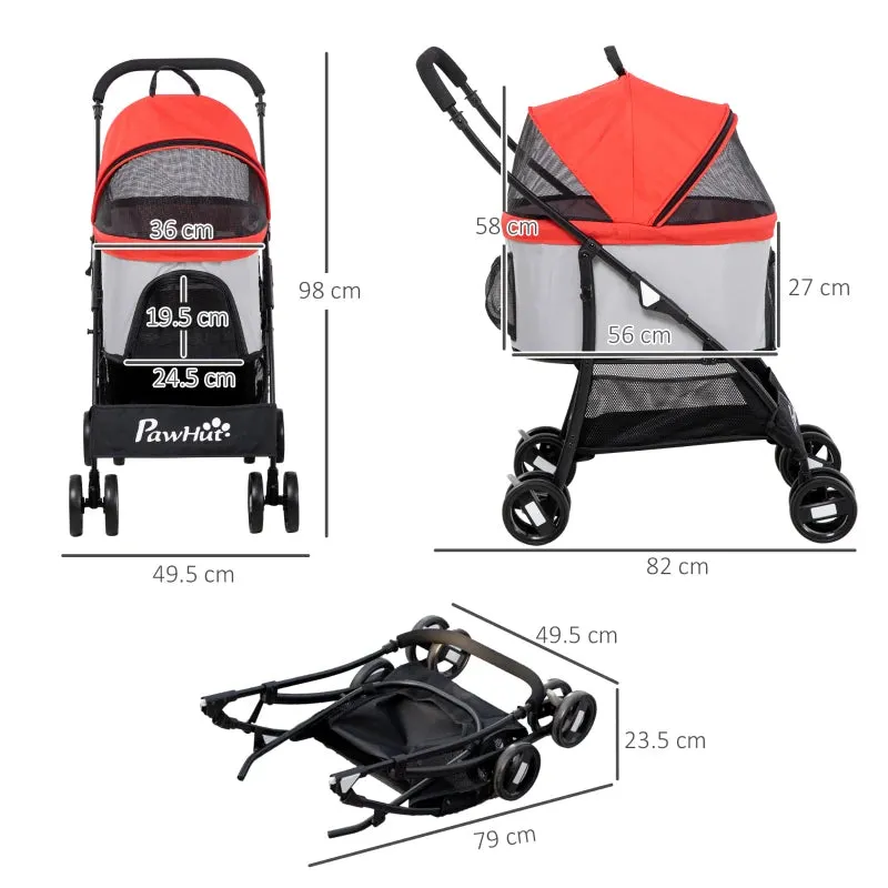 Foldable Dog Stroller with Removable Carrier and Canopy, 82x49. 5x98cm, Red