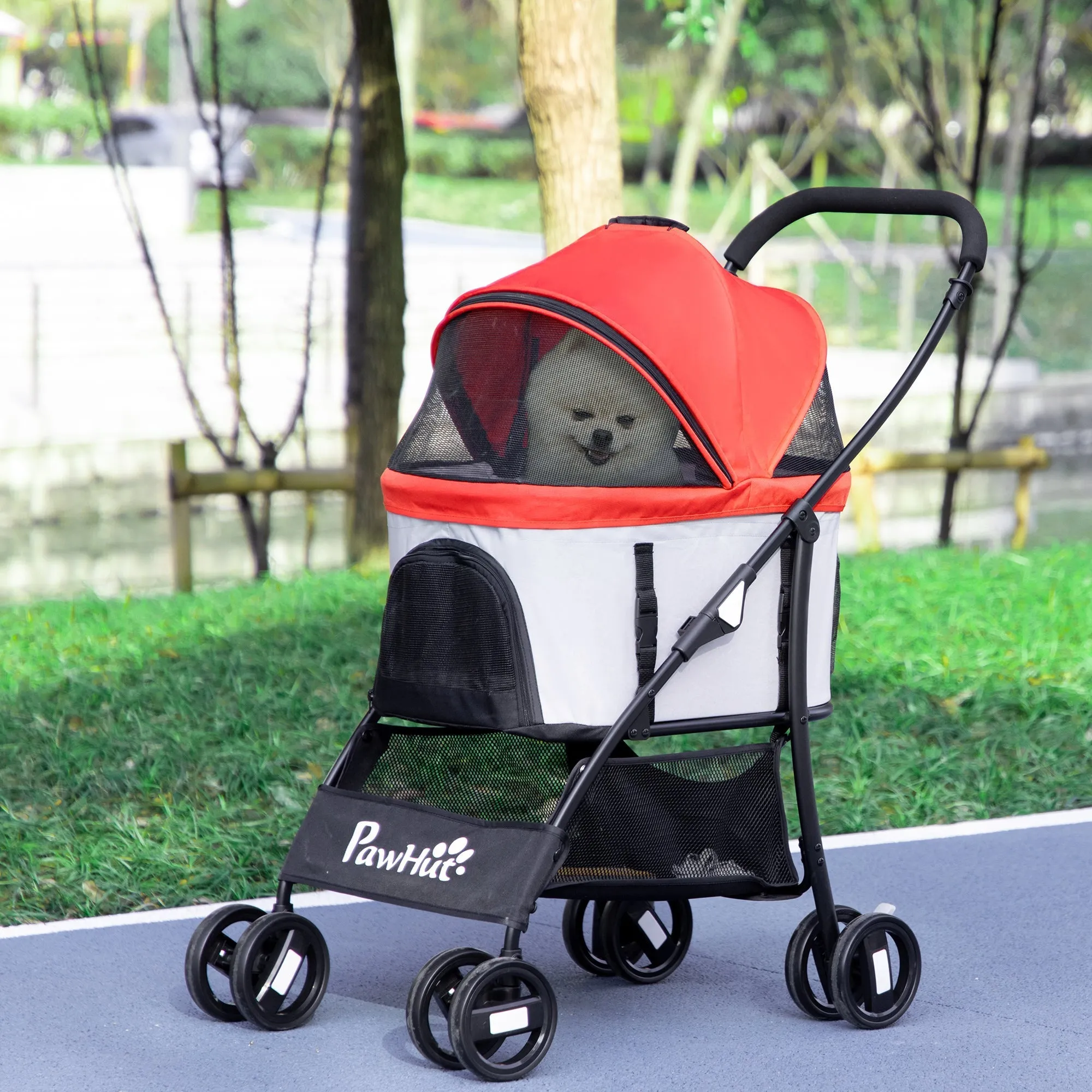 Foldable Dog Stroller with Removable Carrier and Canopy, 82x49. 5x98cm, Red