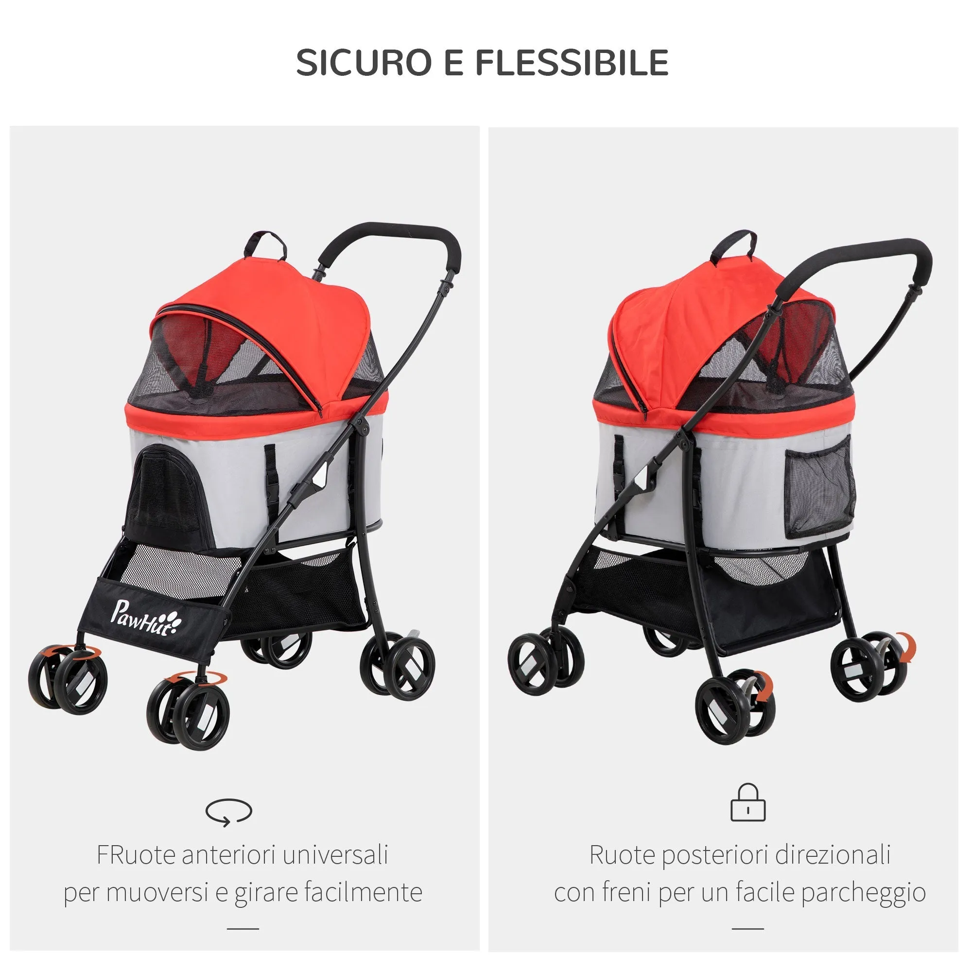 Foldable Dog Stroller with Removable Carrier and Canopy, 82x49. 5x98cm, Red