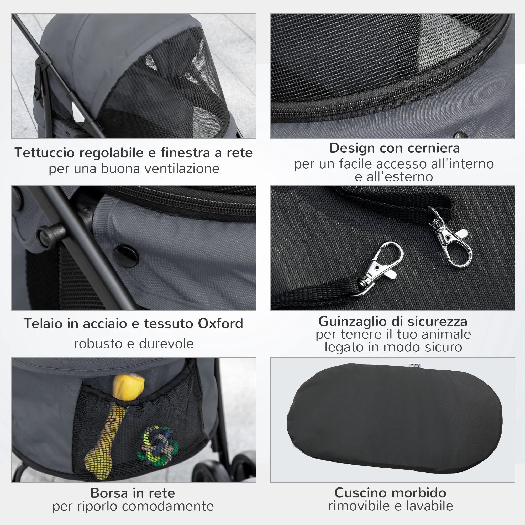 Folding Dog Stroller with Adjustable Canopy, Bag and 2 Leashes, 82x47x97 cm, Gray and Black