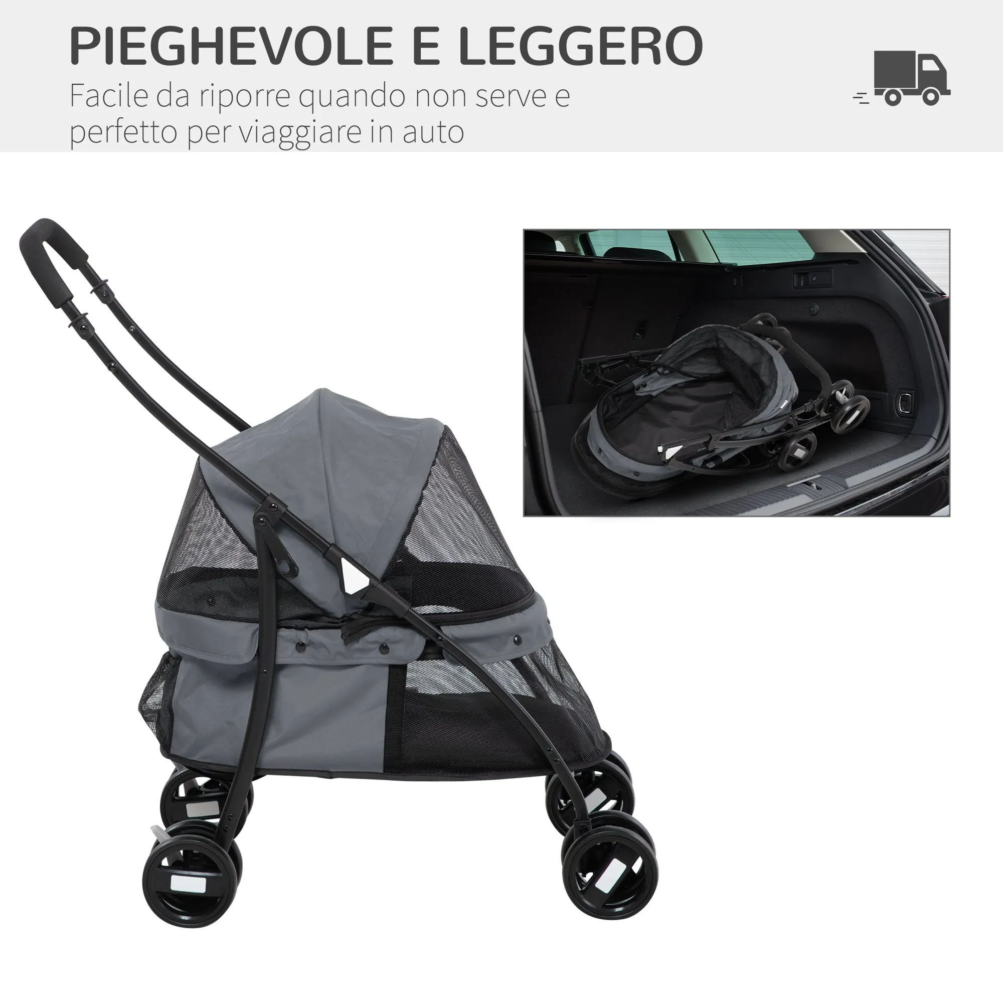 Folding Dog Stroller with Adjustable Canopy, Bag and 2 Leashes, 82x47x97 cm, Gray and Black