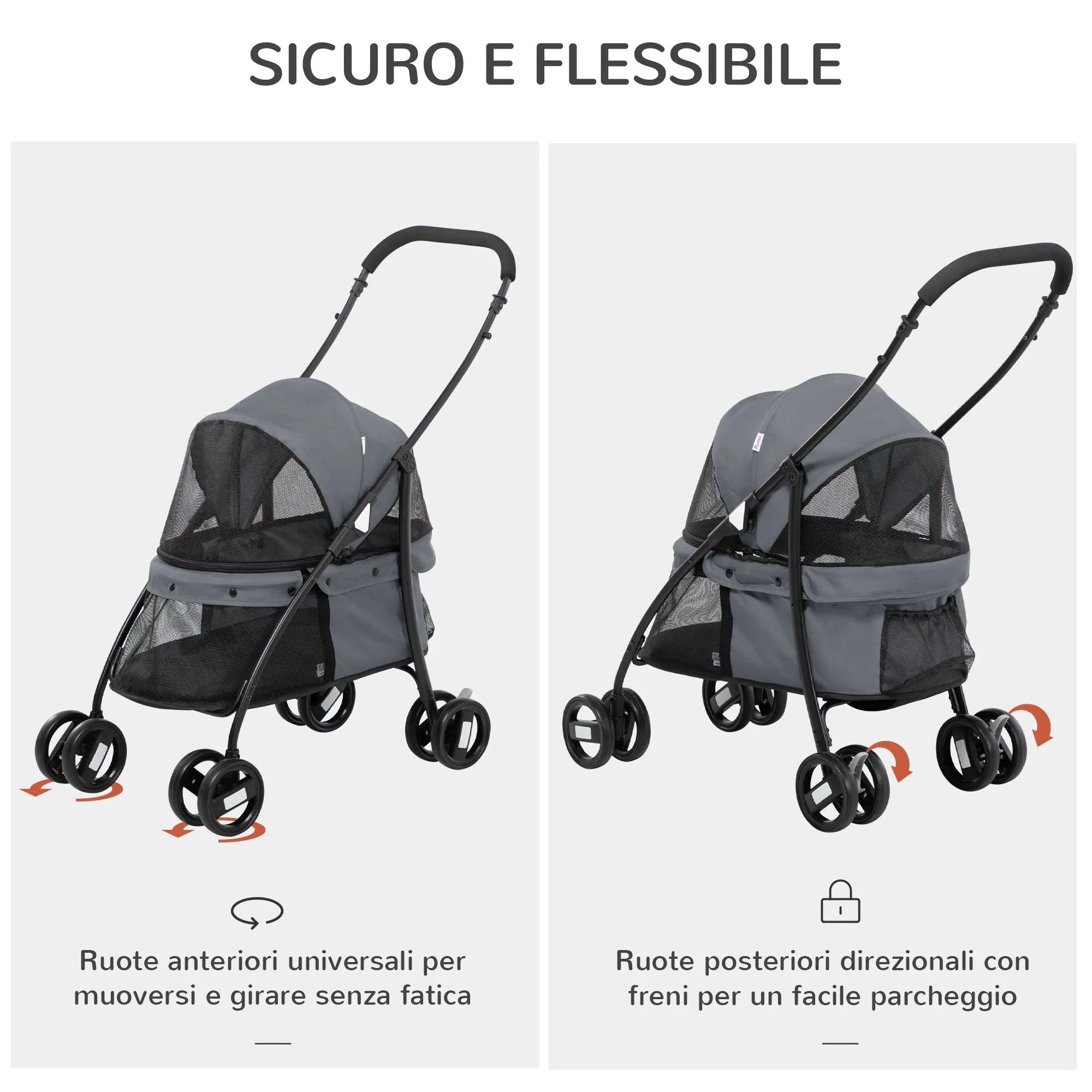 Folding Dog Stroller with Adjustable Canopy, Bag and 2 Leashes, 82x47x97 cm, Gray and Black