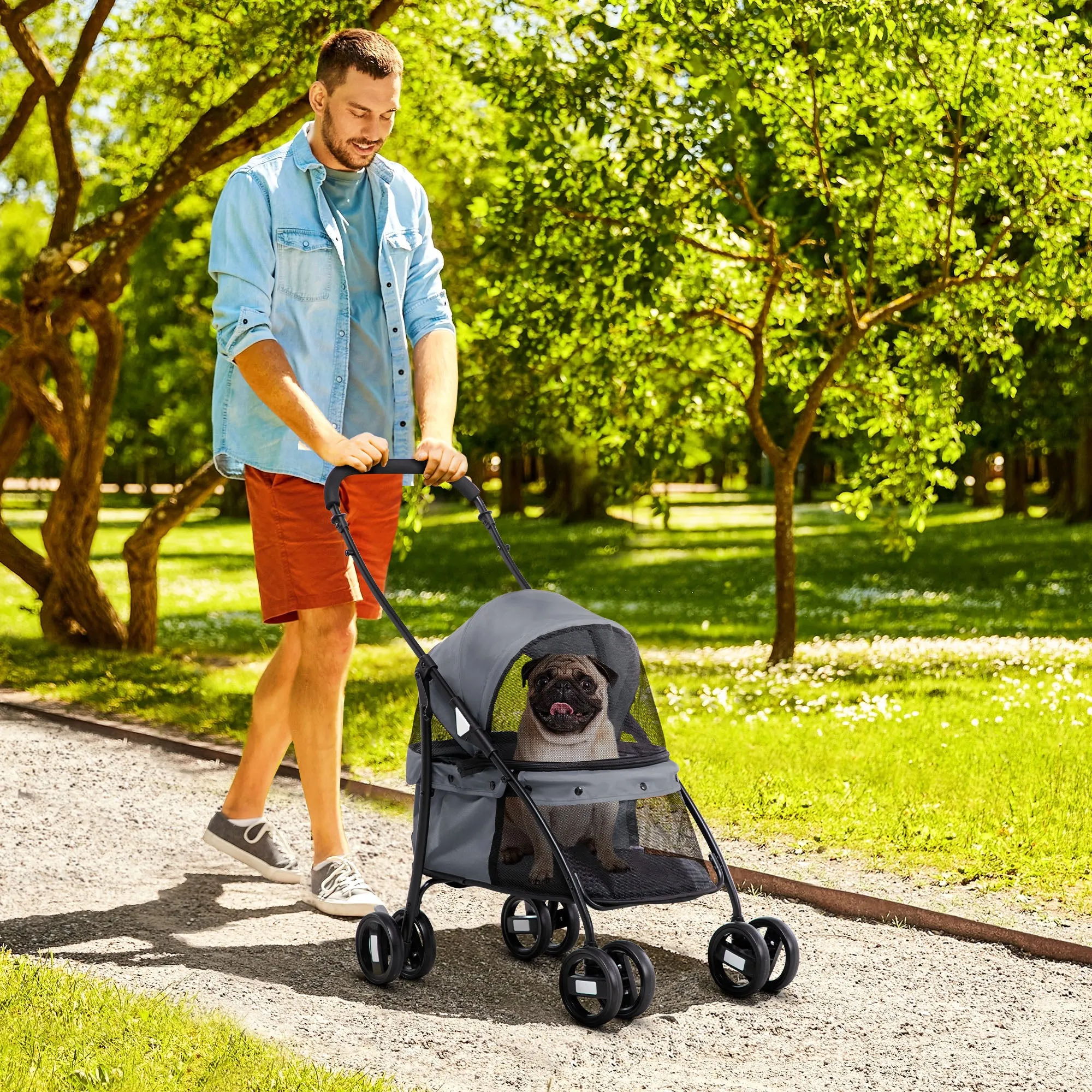 Folding Dog Stroller with Adjustable Canopy, Bag and 2 Leashes, 82x47x97 cm, Gray and Black
