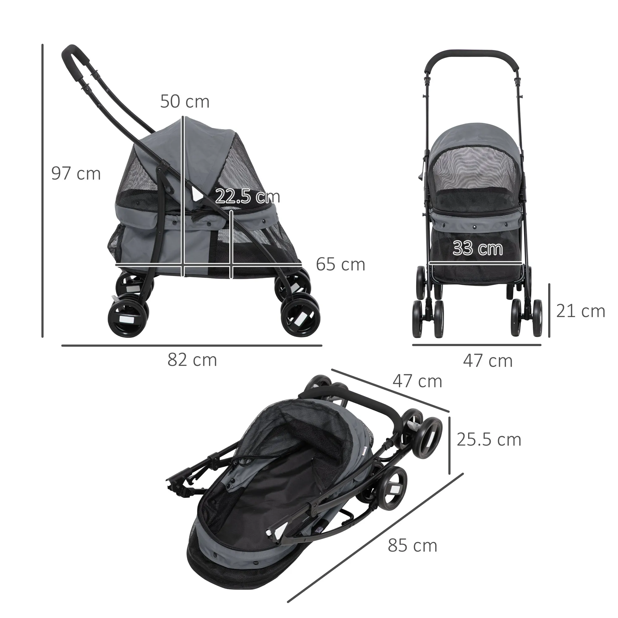 Folding Dog Stroller with Adjustable Canopy, Bag and 2 Leashes, 82x47x97 cm, Gray and Black