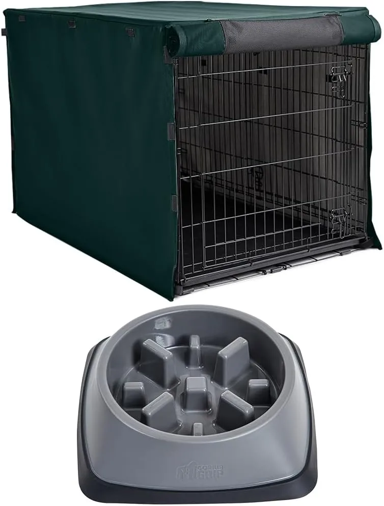 Gorilla Grip Dog Crate Cover, Hunter Green 48 Inch and Slow Feeder Bowl, 2 Cup Gray, 2 Item Bundle