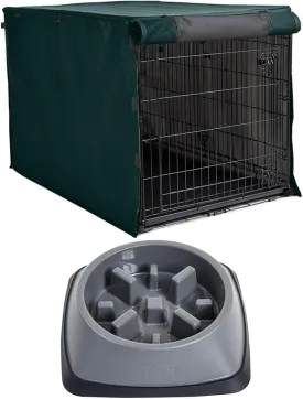 Gorilla Grip Dog Crate Cover, Hunter Green 48 Inch and Slow Feeder Bowl, 2 Cup Gray, 2 Item Bundle