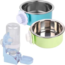 Hamiledyi Crate Bunny Food Bowl Removable Stainless Steel Pet Dog Cage Dual Bowls Plastic Hanging Water Fountain Automatic Bottle Food & Water Feeder Coop Cup for Rabbit Cat Puppy Guinea Pigs 3PCS