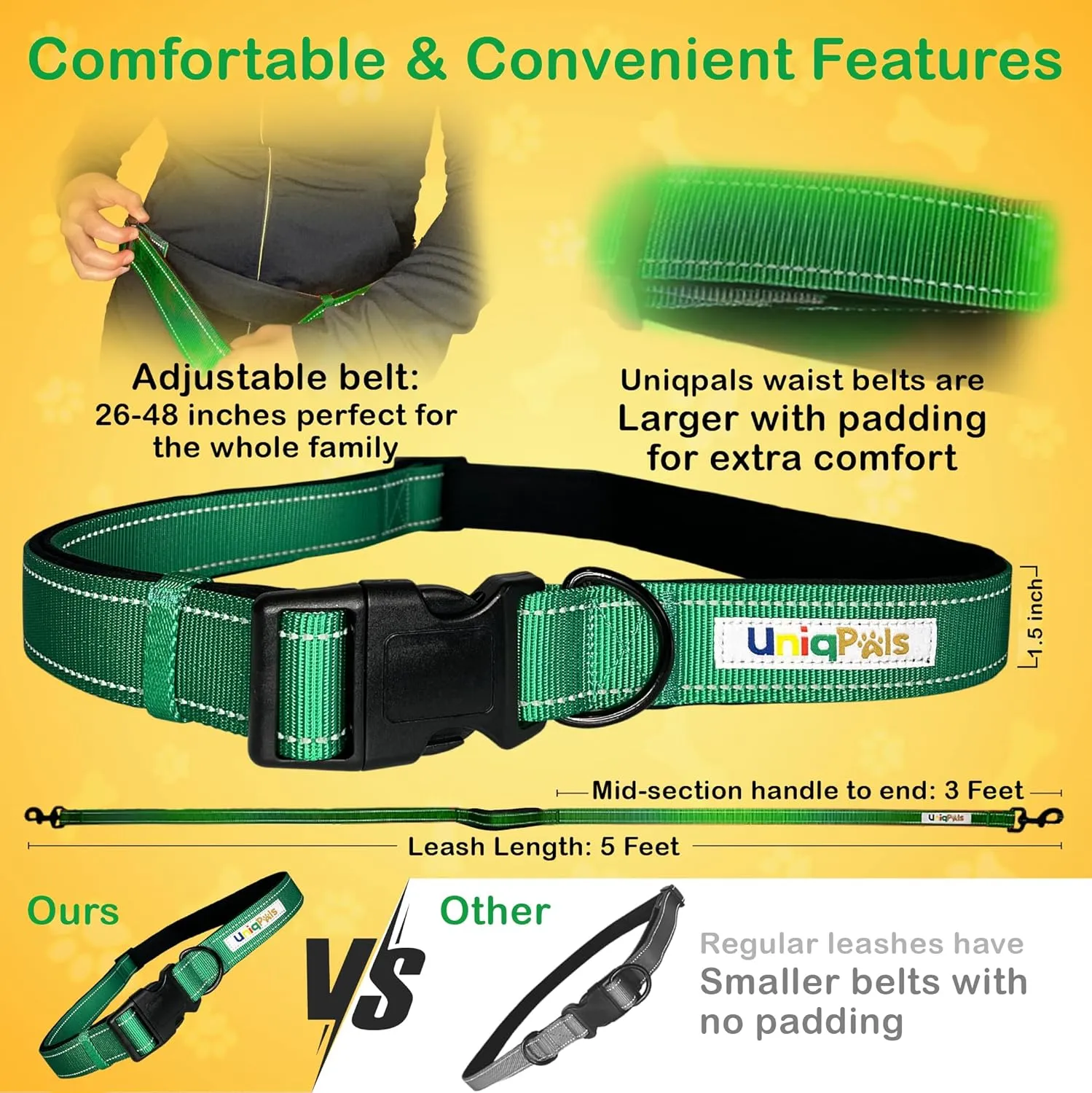 Hands-Free Leash for Small to Large Dogs 5ft - Heavy Duty Adjustable Waist Belt, Padded Handles, Reflective Stitching, Satin Carry Bag for Walking, Running, Hiking