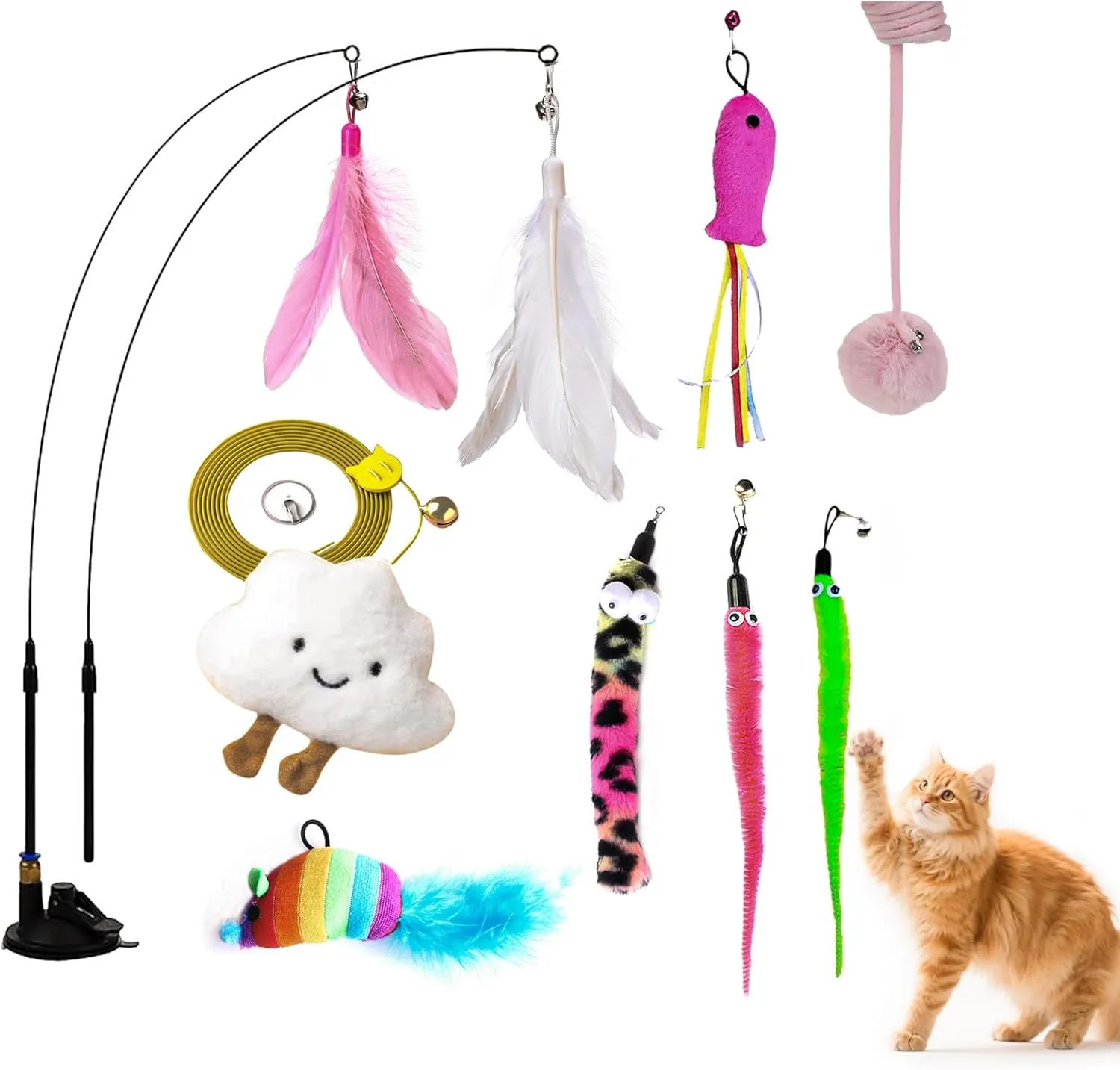 Interactive Cat Toys for Indoor Cats - Includes Wand, Feather Teaser & Hanging Door Plaything - 9 Replaceable Attachments for Indoor Pets