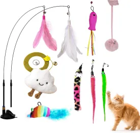 Interactive Cat Toys for Indoor Cats - Includes Wand, Feather Teaser & Hanging Door Plaything - 9 Replaceable Attachments for Indoor Pets