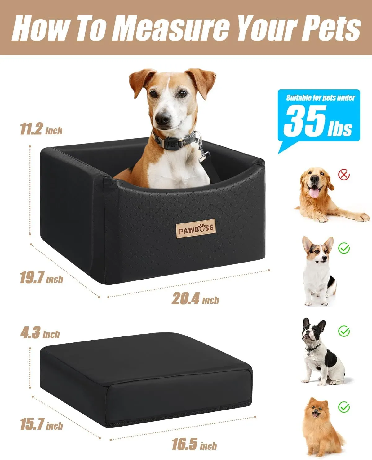 Leather Dog Car Seat for Small Medium Dogs up to 35lbs, Black Booster With Safety Belt, Waterproof Pet Travel Bed, Elevated Chair Box