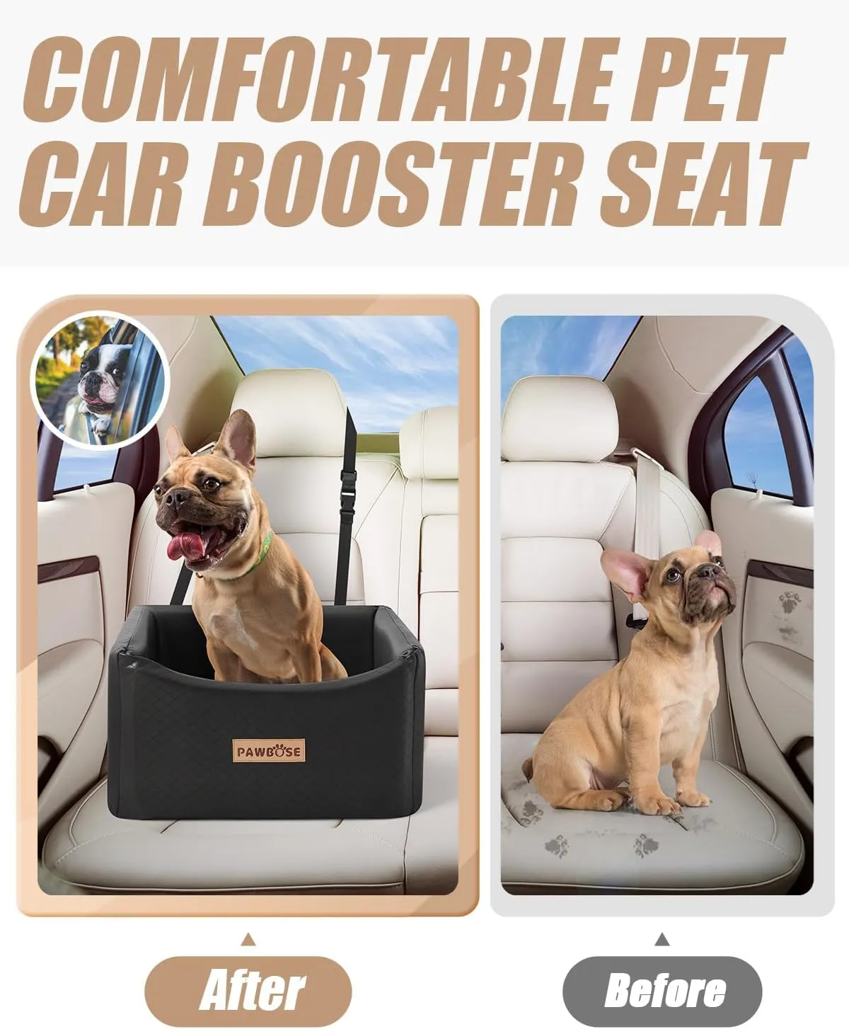Leather Dog Car Seat for Small Medium Dogs up to 35lbs, Black Booster With Safety Belt, Waterproof Pet Travel Bed, Elevated Chair Box
