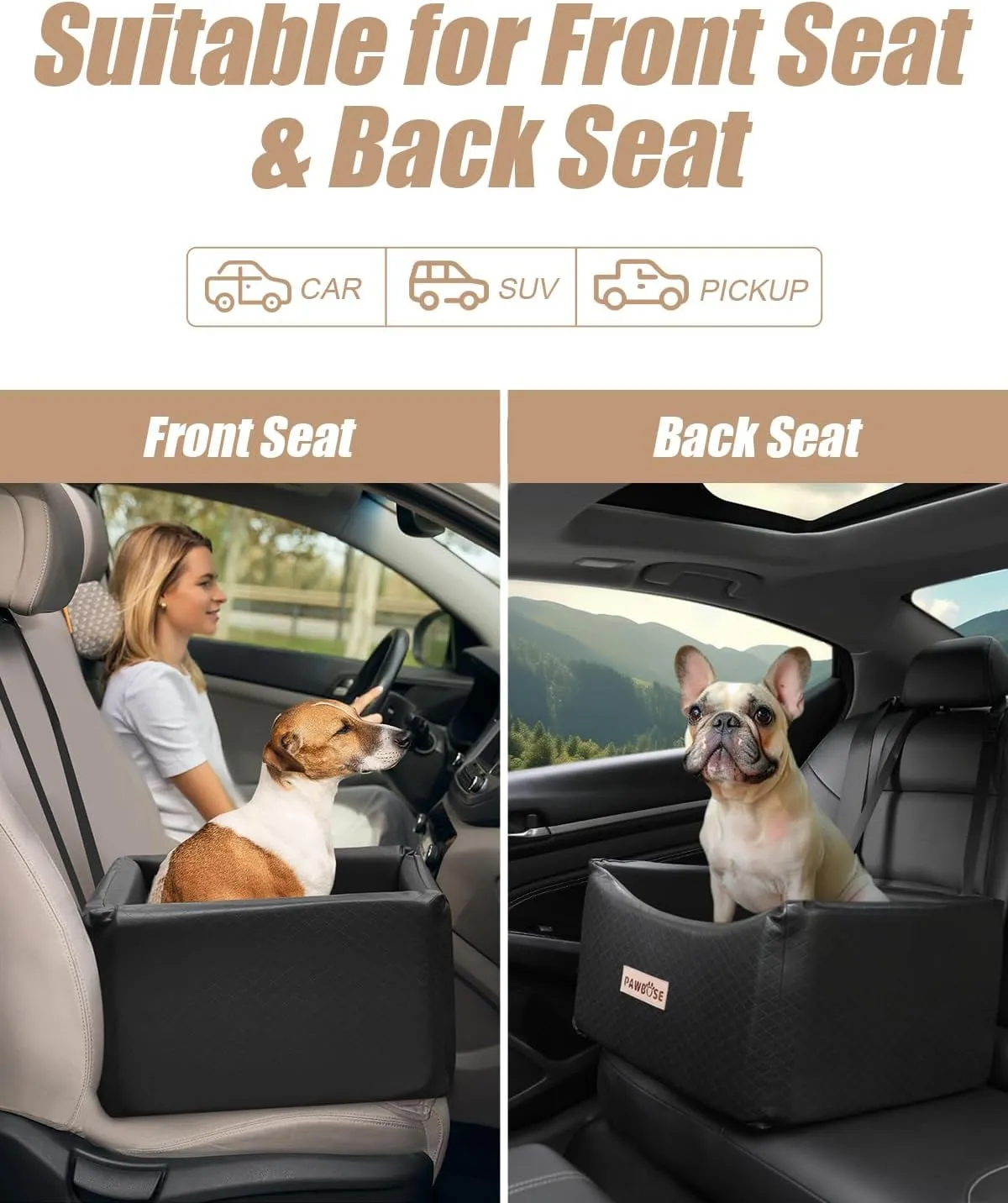 Leather Dog Car Seat for Small Medium Dogs up to 35lbs, Black Booster With Safety Belt, Waterproof Pet Travel Bed, Elevated Chair Box