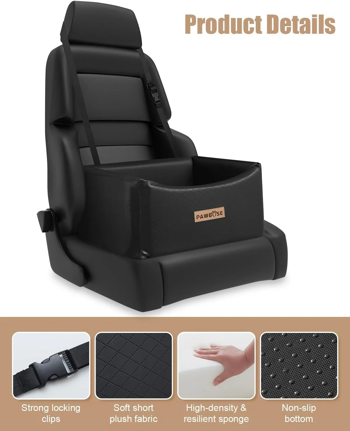 Leather Dog Car Seat for Small Medium Dogs up to 35lbs, Black Booster With Safety Belt, Waterproof Pet Travel Bed, Elevated Chair Box