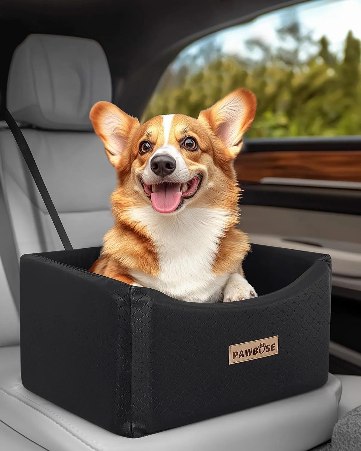 Leather Dog Car Seat for Small Medium Dogs up to 35lbs, Black Booster With Safety Belt, Waterproof Pet Travel Bed, Elevated Chair Box