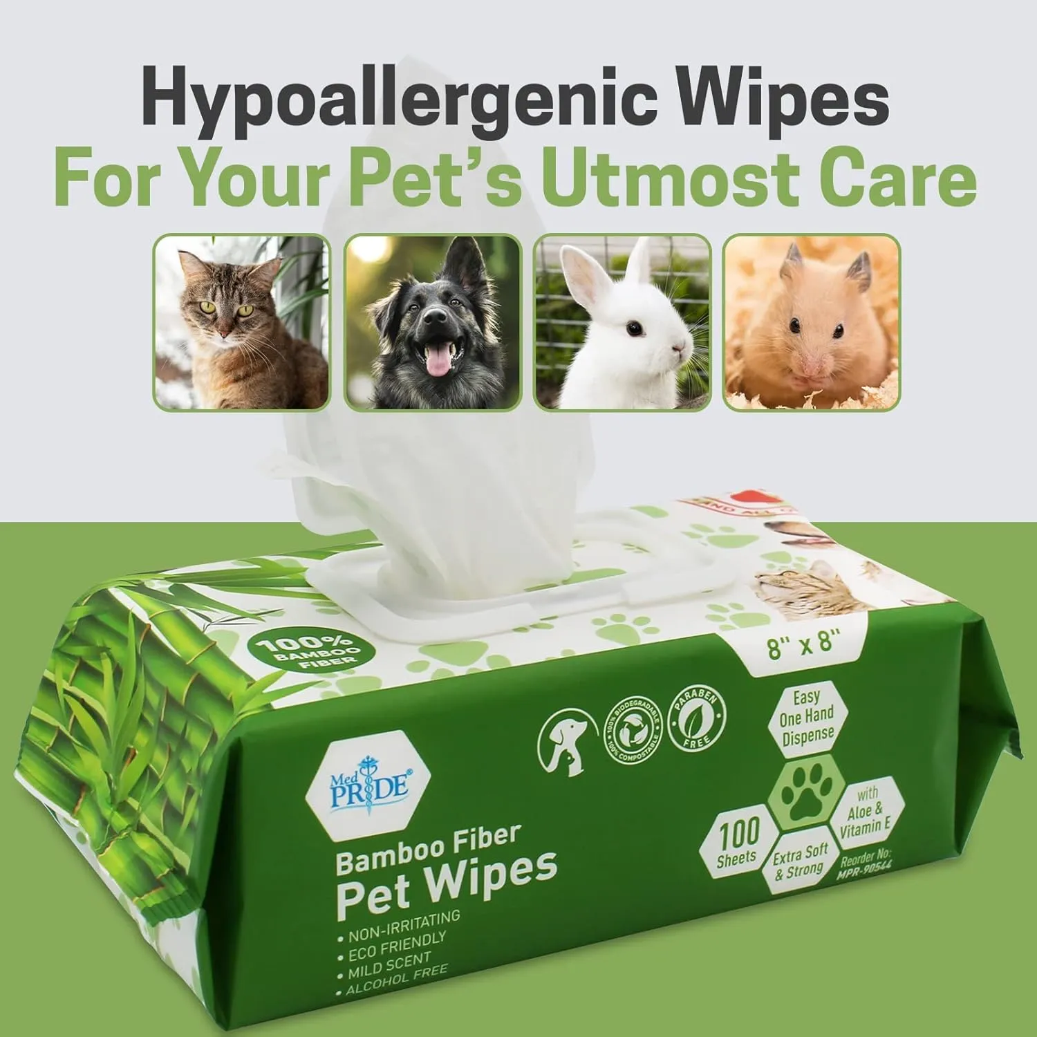 MED PRIDE 100% Bamboo Fiber Hypoallergenic Dog Wipes for Paws and Butt, Alcohol & Paraben-Free, Deodorizing, 8X8, 800 Wipes