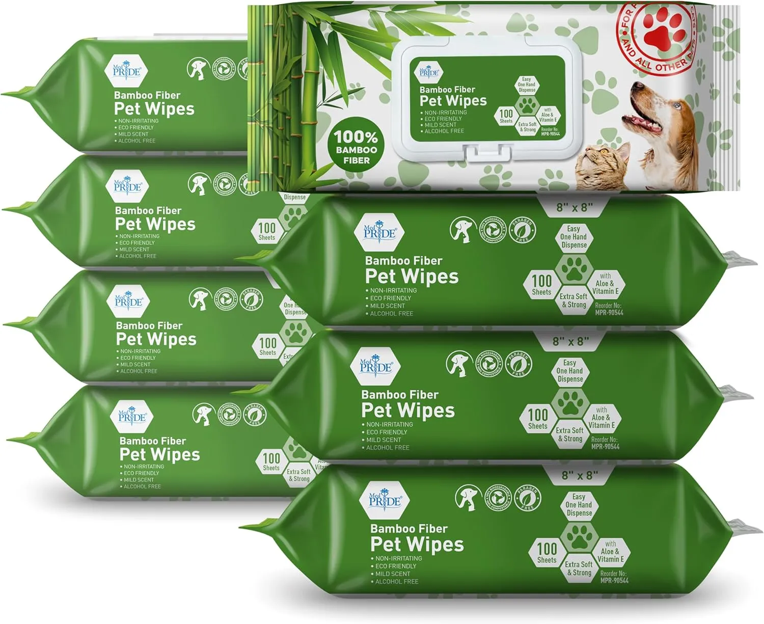 MED PRIDE 100% Bamboo Fiber Hypoallergenic Dog Wipes for Paws and Butt, Alcohol & Paraben-Free, Deodorizing, 8X8, 800 Wipes