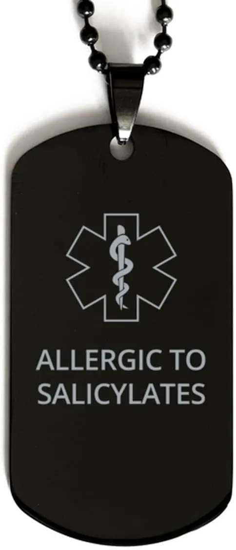 Medical Alert Black Dog Tag, Allergic to Salicylates Awareness, SOS Emergency Health Life Alert ID Engraved Stainless Steel Chain Necklace For Men Women Kids