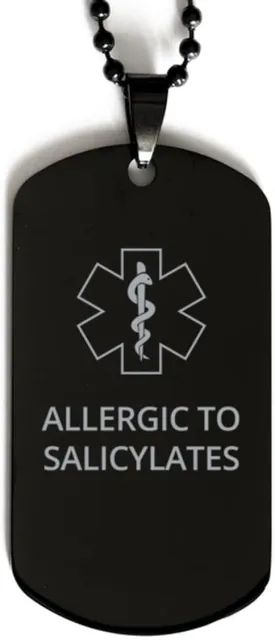 Medical Alert Black Dog Tag, Allergic to Salicylates Awareness, SOS Emergency Health Life Alert ID Engraved Stainless Steel Chain Necklace For Men Women Kids