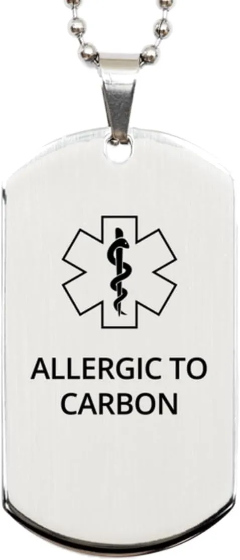 Medical Alert Silver Dog Tag, Allergic to Carbon Awareness, SOS Emergency Health Life Alert ID Engraved Stainless Steel Chain Necklace For Men Women Kids