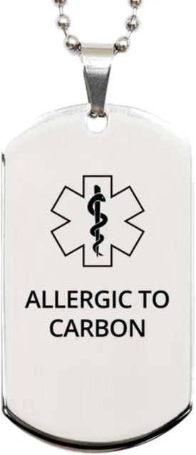 Medical Alert Silver Dog Tag, Allergic to Carbon Awareness, SOS Emergency Health Life Alert ID Engraved Stainless Steel Chain Necklace For Men Women Kids