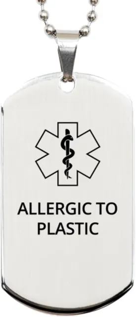 Medical Alert Silver Dog Tag, Allergic to Plastic Awareness, SOS Emergency Health Life Alert ID Engraved Stainless Steel Chain Necklace For Men Women Kids