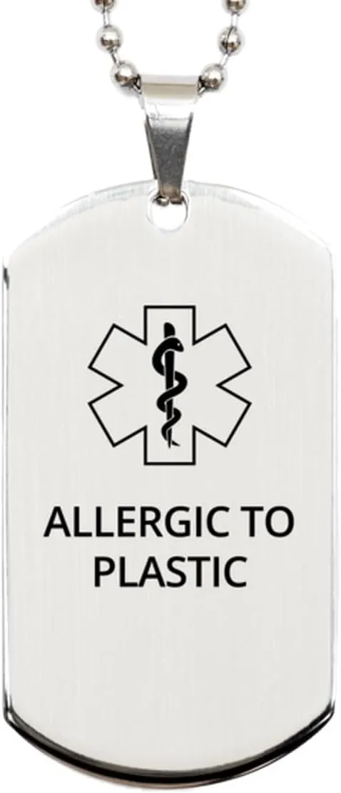 Medical Alert Silver Dog Tag, Allergic to Plastic Awareness, SOS Emergency Health Life Alert ID Engraved Stainless Steel Chain Necklace For Men Women Kids