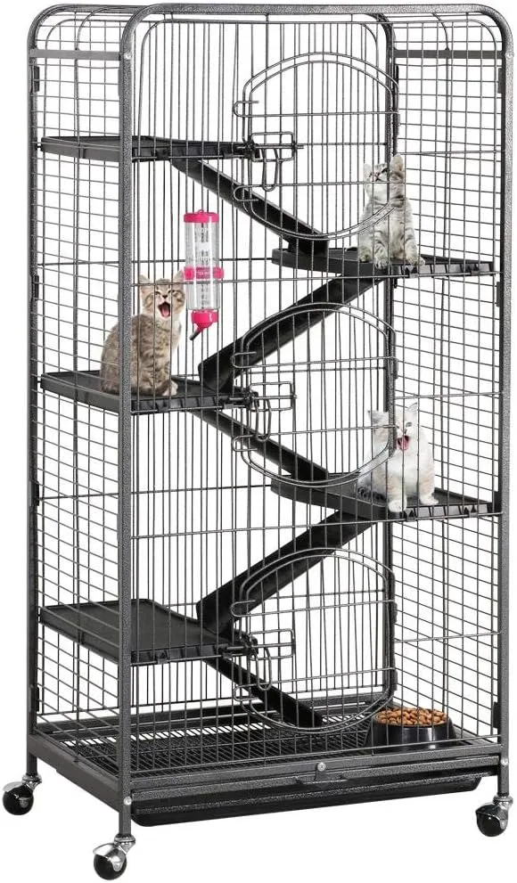Metal 6 Levels Ferret Cage Playpen for Rabbit Chinchilla Squirrels w/3 Doors/Bowl/Water Bottle 25.2 x 16.9 x 51.6 Inch Black