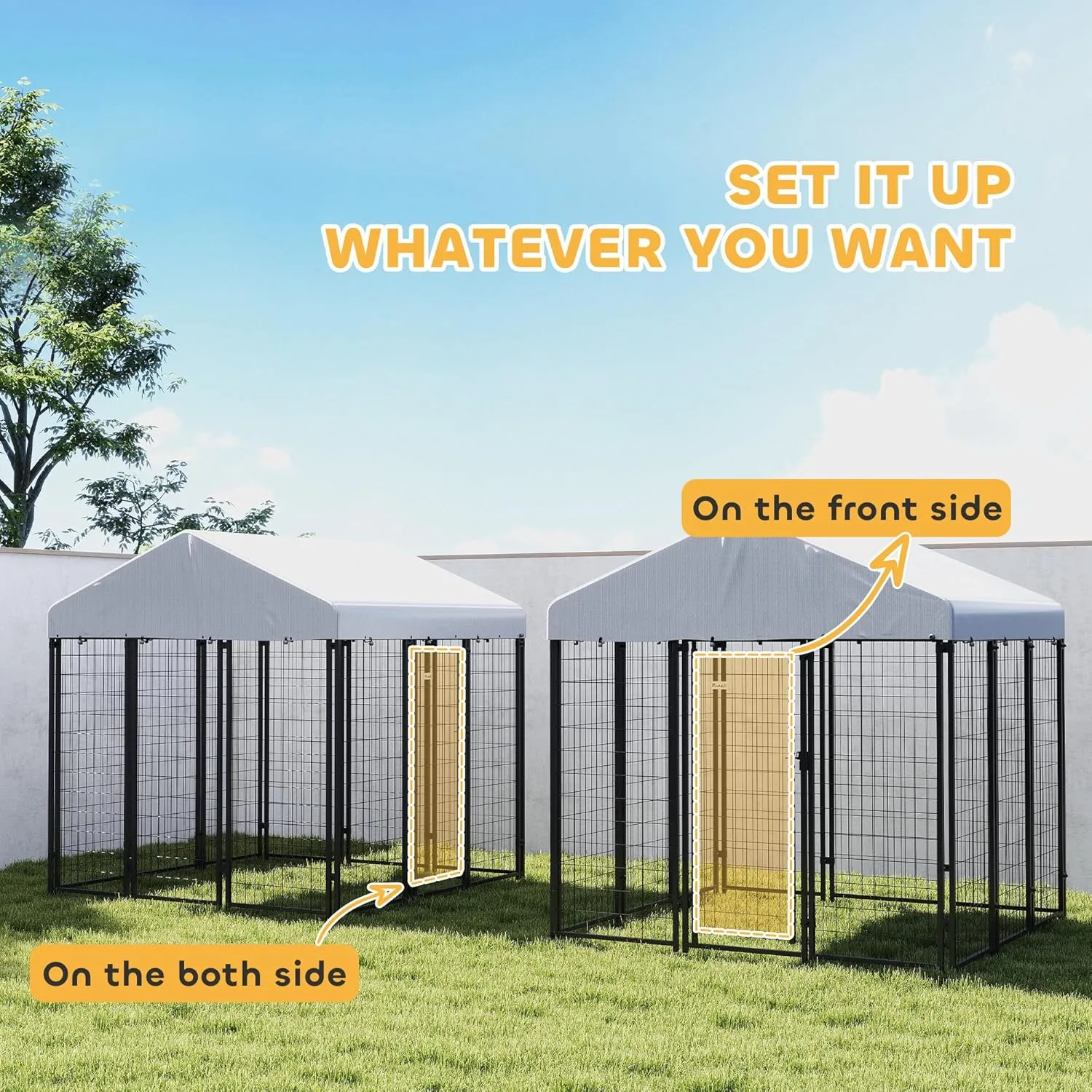 PawHut Outdoor Dog Kennel with Roof, 6' x 6' x 6' Heavy Duty Welded Wire Dog Playpen Enclosure with Escape-Proof Lock, UV-Resistant & Waterproof Cover, for Large Dogs, Silver