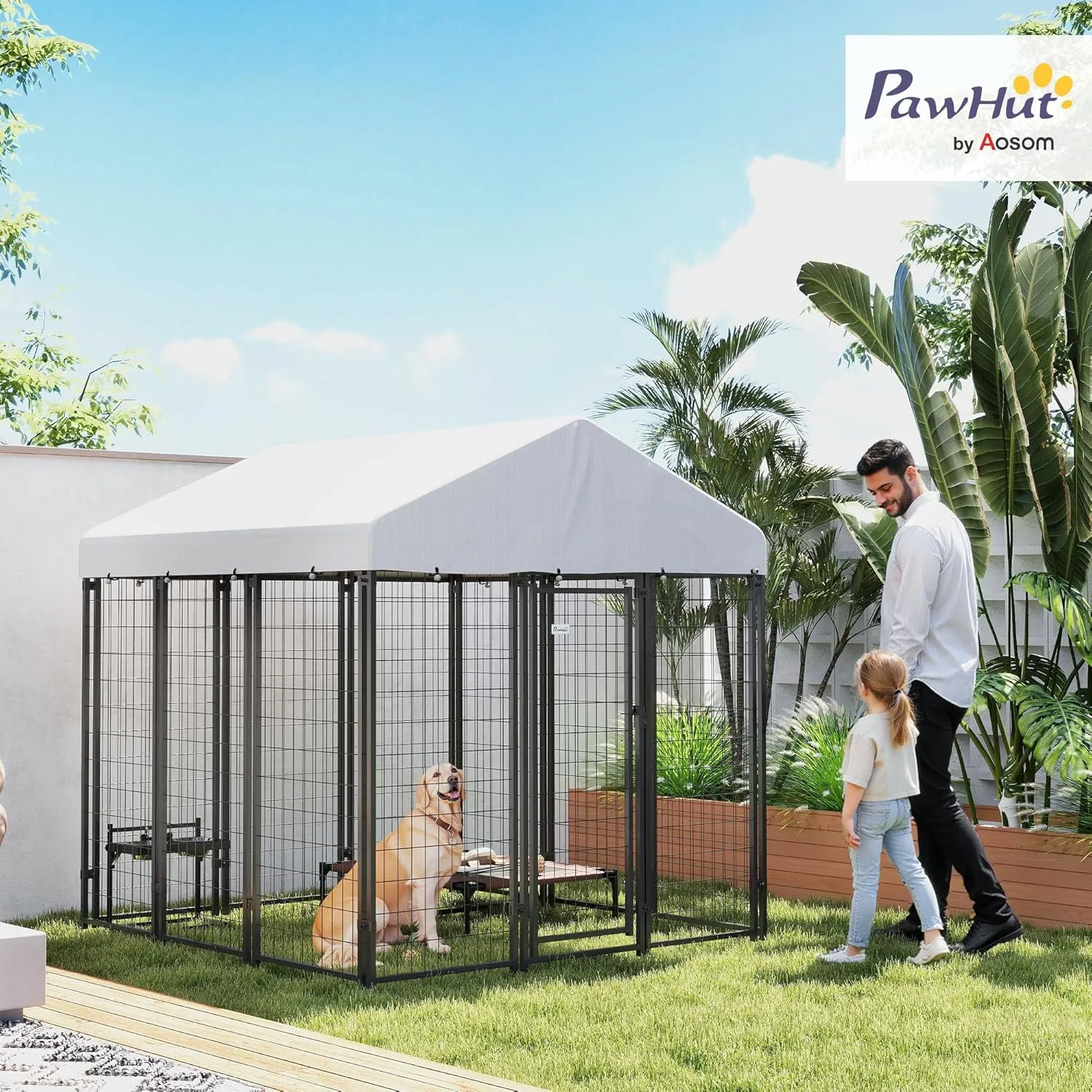 PawHut Outdoor Dog Kennel with Roof, 6' x 6' x 6' Heavy Duty Welded Wire Dog Playpen Enclosure with Escape-Proof Lock, UV-Resistant & Waterproof Cover, for Large Dogs, Silver