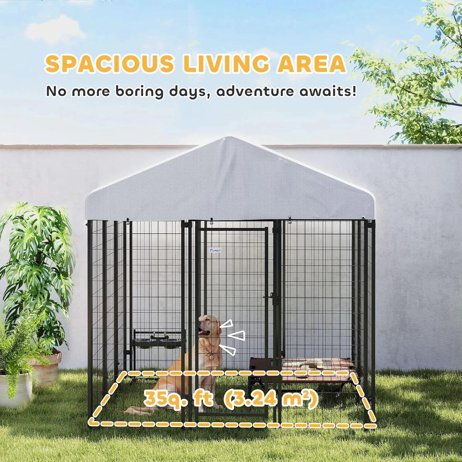 PawHut Outdoor Dog Kennel with Roof, 6' x 6' x 6' Heavy Duty Welded Wire Dog Playpen Enclosure with Escape-Proof Lock, UV-Resistant & Waterproof Cover, for Large Dogs, Silver