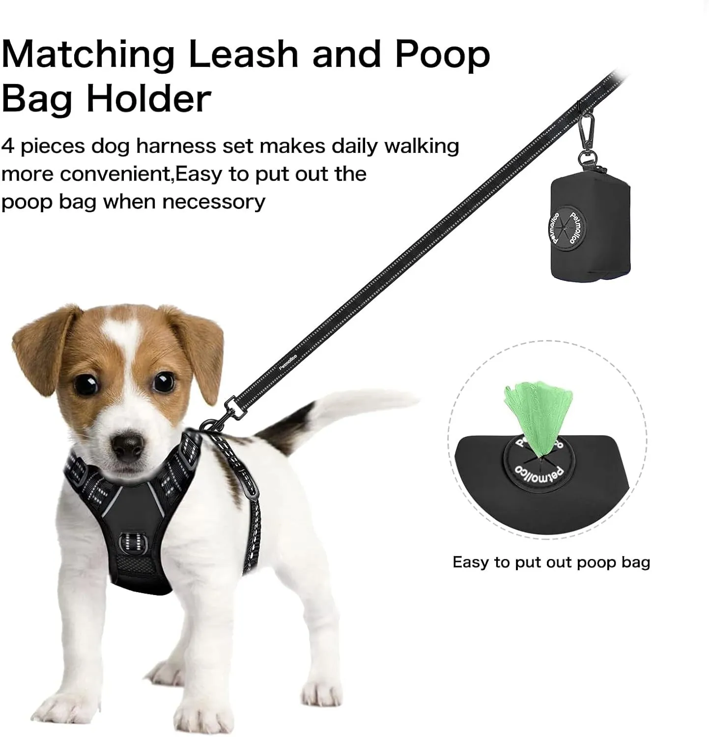 Petmolico No Pull Dog Harness Set with Leash Attachment Easy Control Handle Reflective Harness Vest Small Breed, Puppy Vest and Leash Set with Poop Bag Holder, Small - Black
