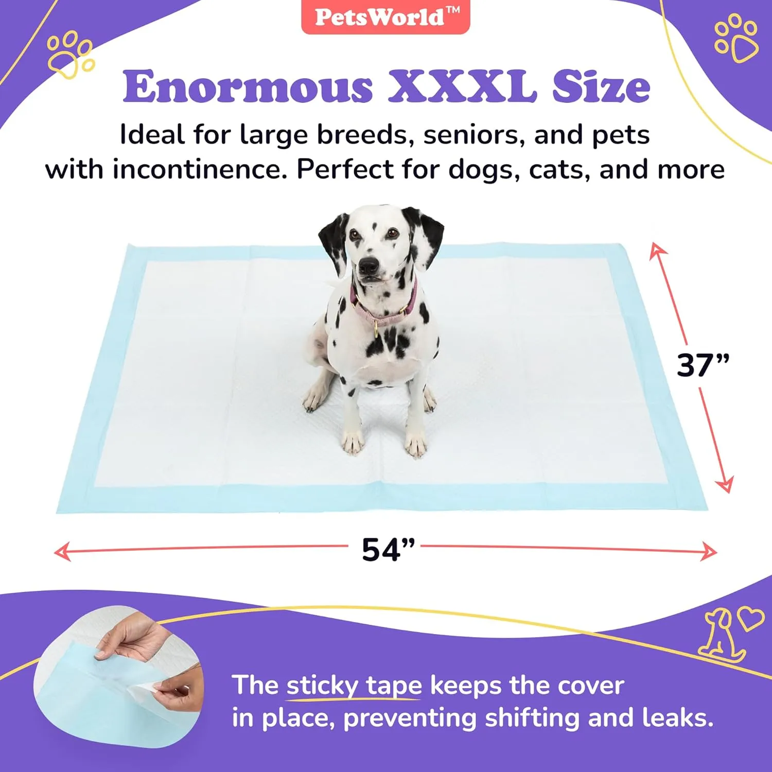 PETSWORLD Enormous Dog Training & Potty Pads, 37x54 inch - Tear Resistant with Strong Leak-Proof Backing, Optional Adhesive Tape, 50 Count