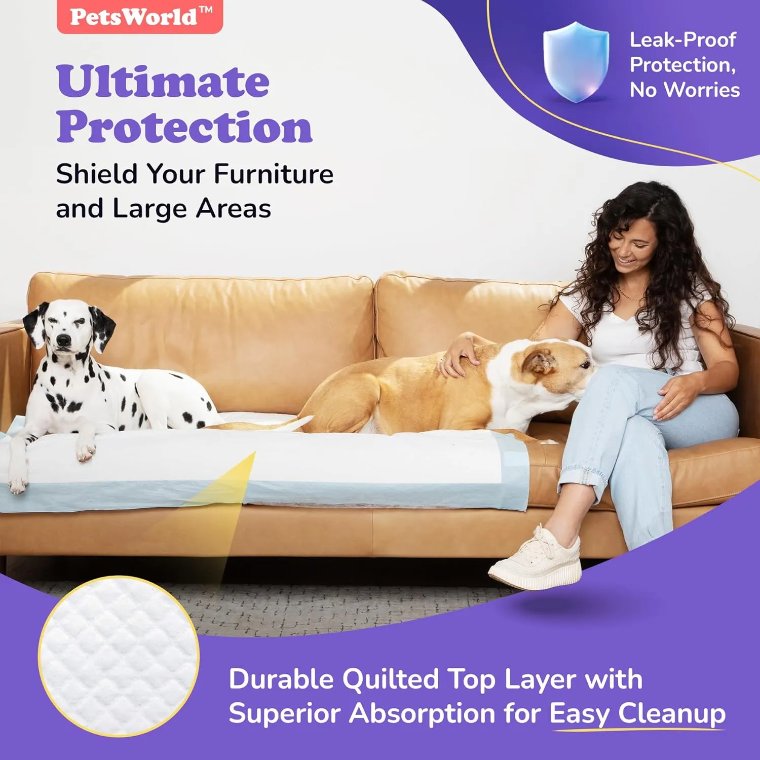 PETSWORLD Enormous Dog Training & Potty Pads, 37x54 inch - Tear Resistant with Strong Leak-Proof Backing, Optional Adhesive Tape, 50 Count