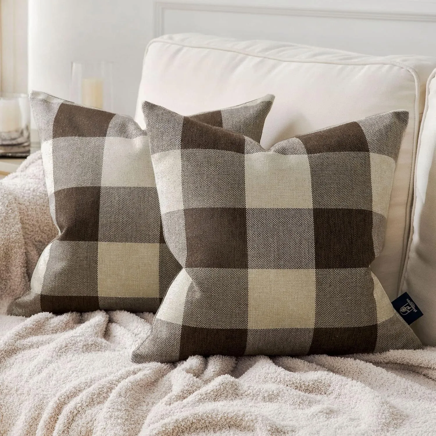Phantoscope Pack of 2 Gingham Buffalo Check Plaid Throw Decorative Pillow Cover Outdoor Indoor Throw Pillows Farmhouse Square Pillow Cases for Home Decor Coffee,18 x 18 Inches