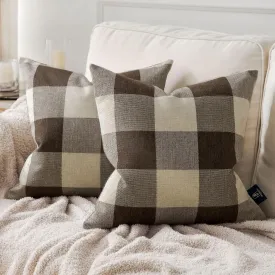 Phantoscope Pack of 2 Gingham Buffalo Check Plaid Throw Decorative Pillow Cover Outdoor Indoor Throw Pillows Farmhouse Square Pillow Cases for Home Decor Coffee,18 x 18 Inches