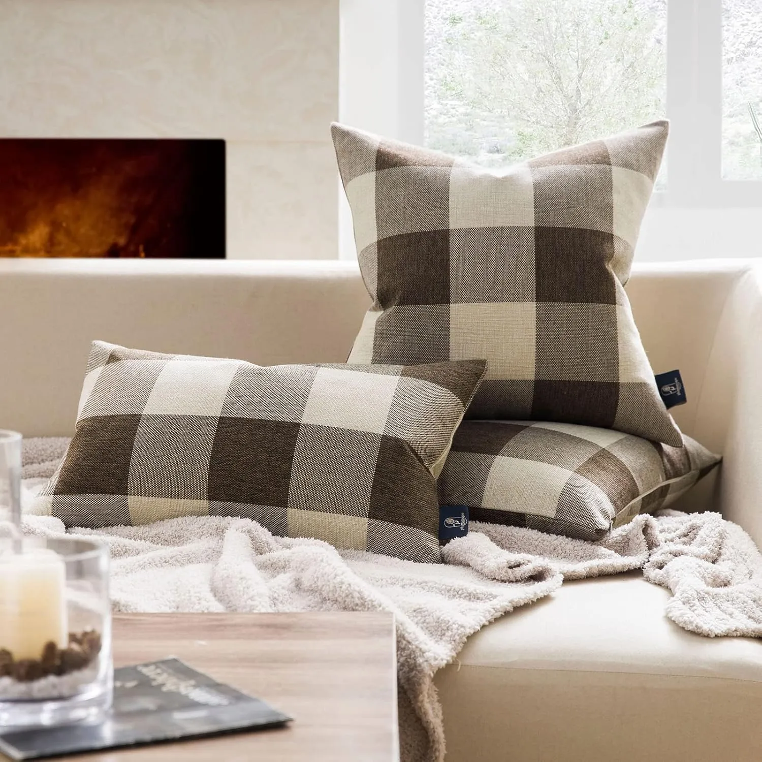 Phantoscope Pack of 2 Gingham Buffalo Check Plaid Throw Decorative Pillow Cover Outdoor Indoor Throw Pillows Farmhouse Square Pillow Cases for Home Decor Coffee,18 x 18 Inches
