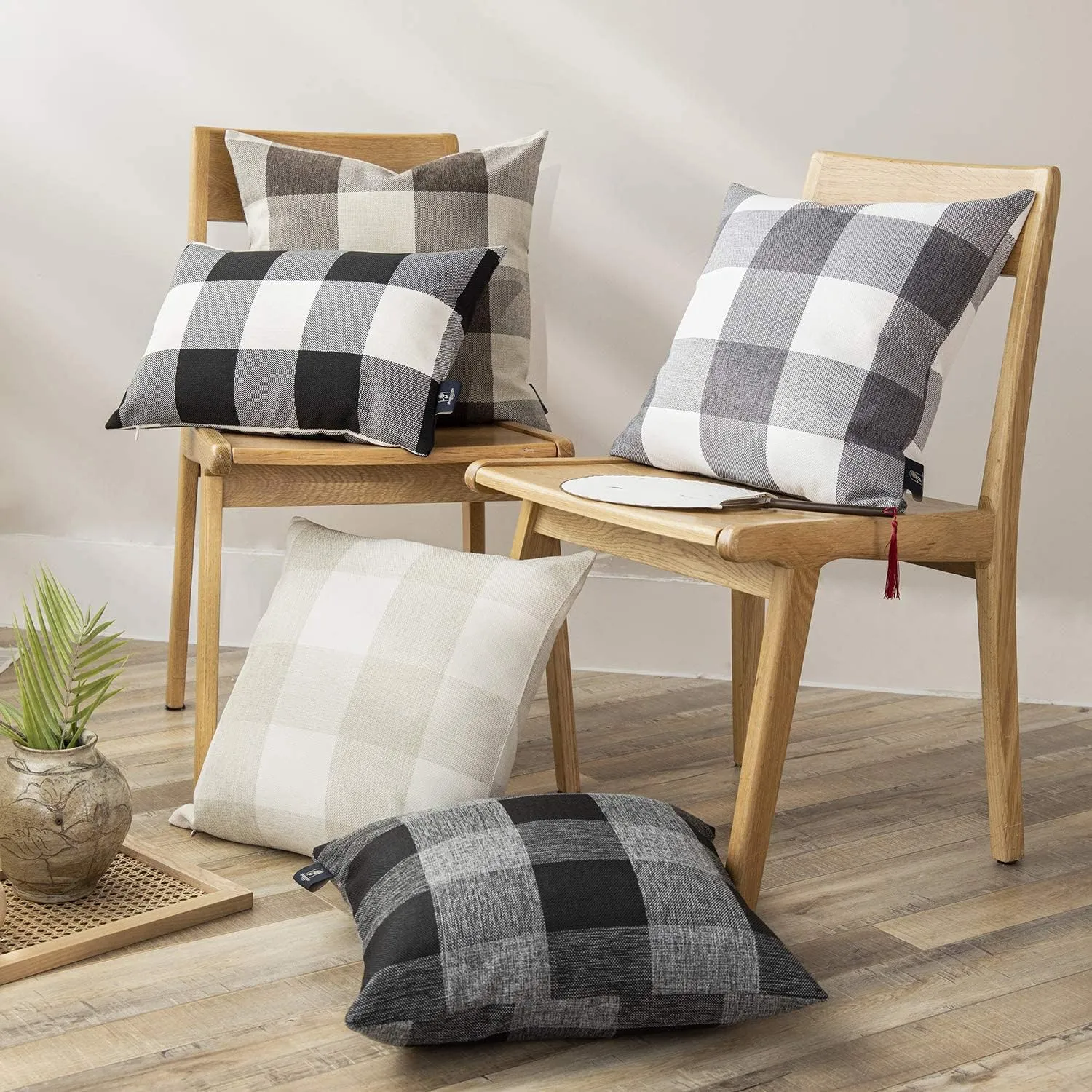 Phantoscope Pack of 2 Gingham Buffalo Check Plaid Throw Decorative Pillow Cover Outdoor Indoor Throw Pillows Farmhouse Square Pillow Cases for Home Decor Coffee,18 x 18 Inches