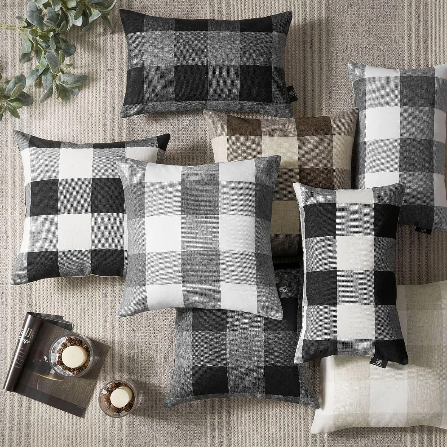Phantoscope Pack of 2 Gingham Check Buffalo Plaid Christmas Throw Decorative Pillow Cover Outdoor Indoor Throw Pillows Farmhouse Square Pillow Cases for Home Decor Black and White,18 x 18 Inches