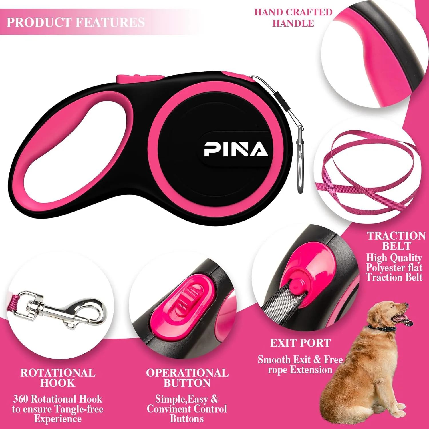 PINA Retractable Dog Leash, 26ft Dog Leash for Small Medium Large Dogs Up to 110lbs, 360 Tangle-Free Strong Reflective Nylon Tape, with Anti-Slip Handle, One-Handed Brake, Lock - 2PACK
