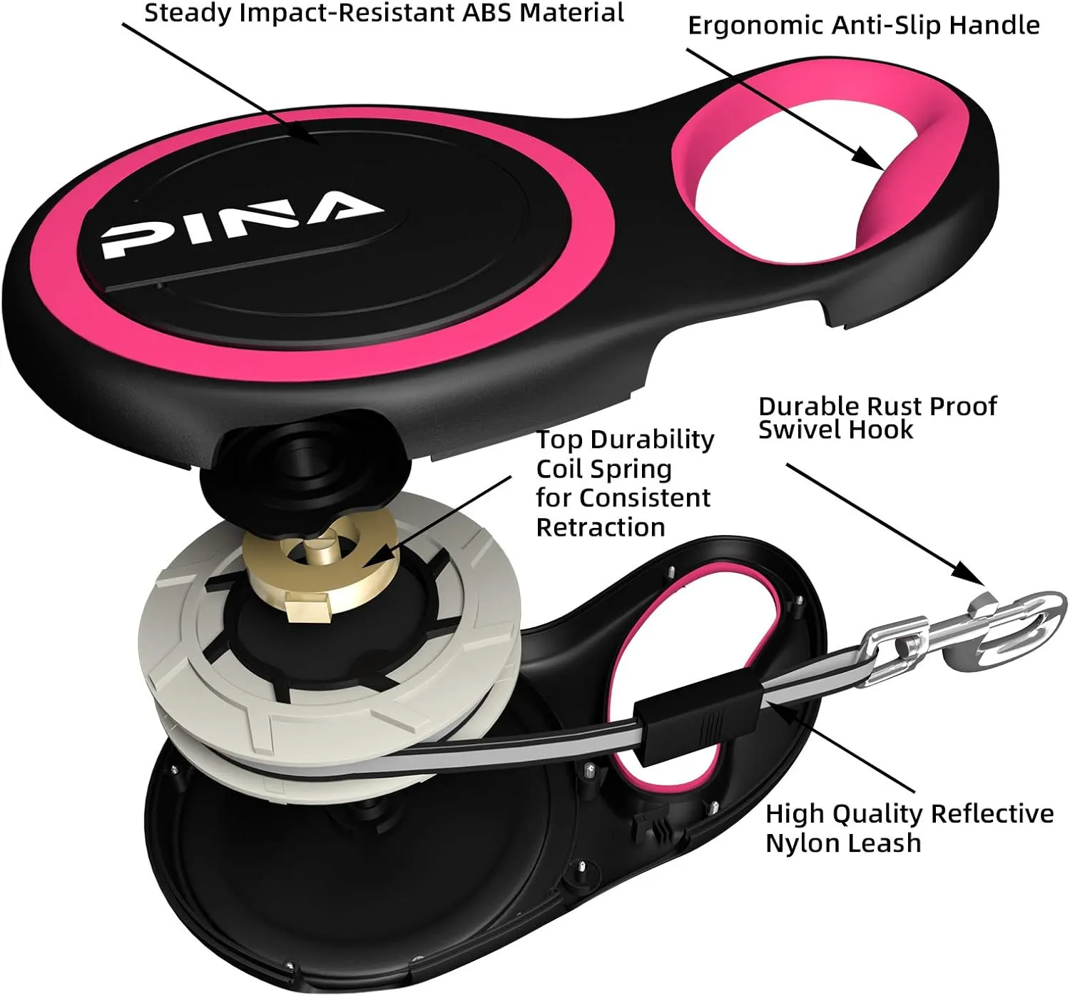 PINA Retractable Dog Leash, 26ft Dog Leash for Small Medium Large Dogs Up to 110lbs, 360 Tangle-Free Strong Reflective Nylon Tape, with Anti-Slip Handle, One-Handed Brake, Lock - 2PACK