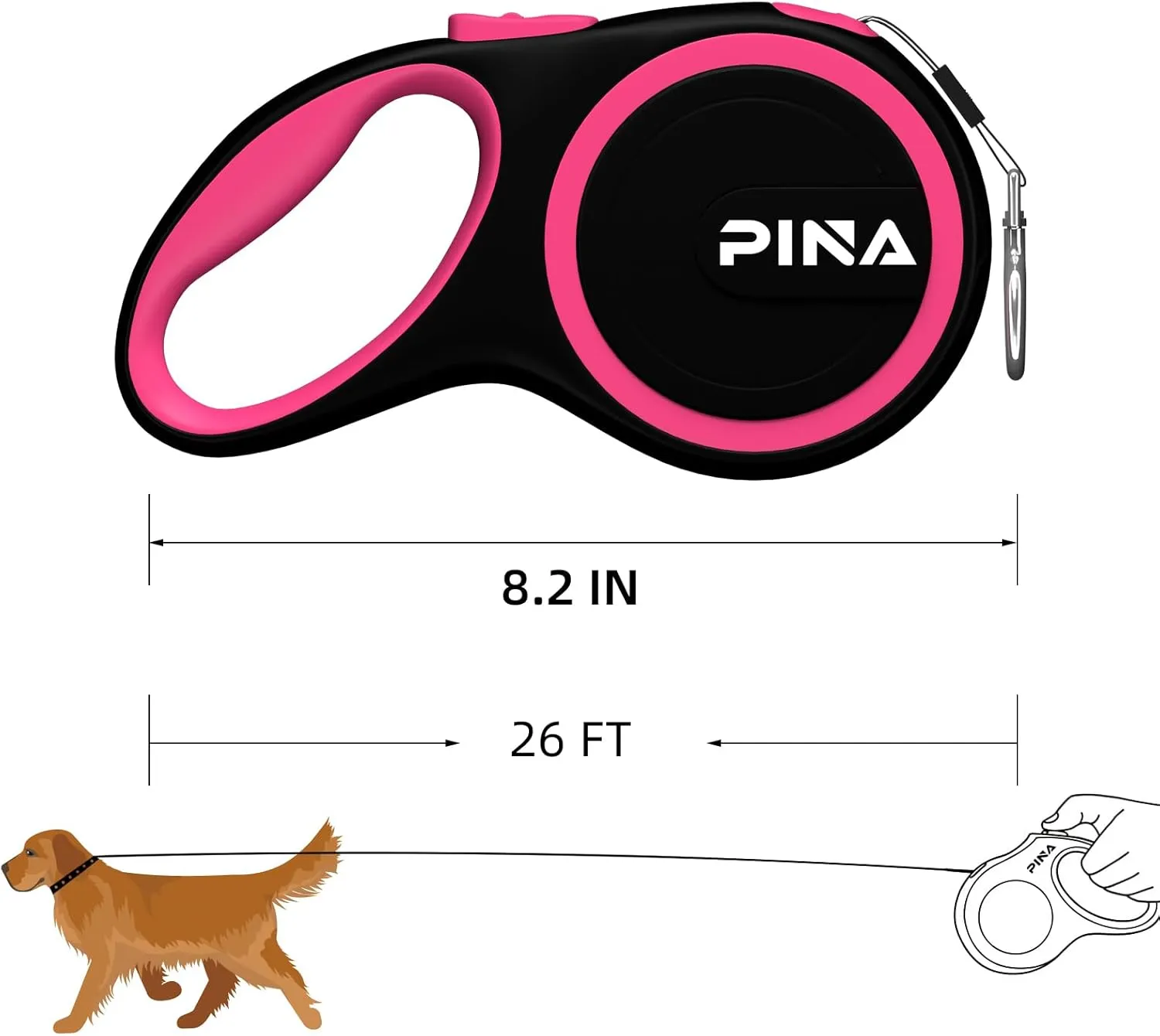 PINA Retractable Dog Leash, 26ft Dog Leash for Small Medium Large Dogs Up to 110lbs, 360 Tangle-Free Strong Reflective Nylon Tape, with Anti-Slip Handle, One-Handed Brake, Lock - 2PACK