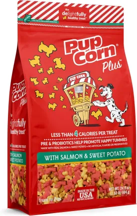 Pup Corn Plus - Puffed Dog Treats with Prebiotics and Probiotics - Salmon & Sweet Potato (24oz) - Made in USA