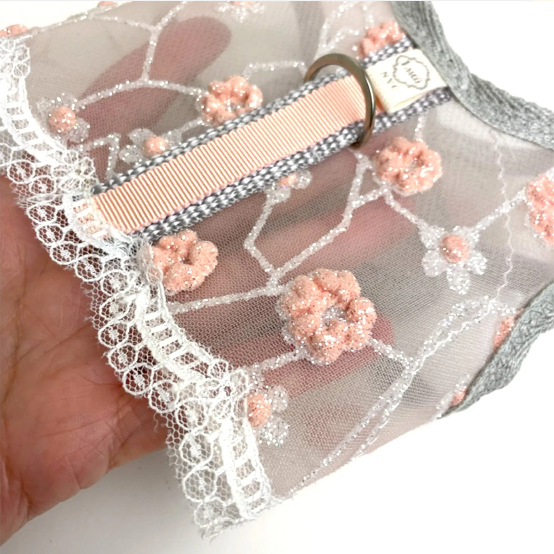 "Peach Puffs"- handmade adjustable lace dog harness