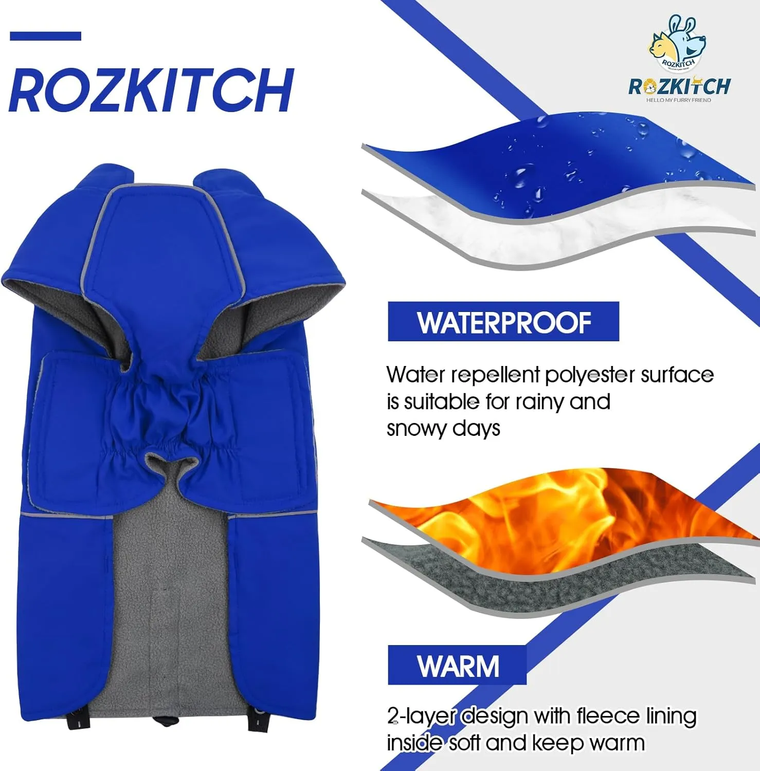 ROZKITCH Dog Raincoat Jacket Waterproof Windproof Dog Rain Jacket with Fleece Liner and Leash Hole Reflective Strip for Medium Large Dog, Adjustable Poncho Vest for Outdoor Hiking Travel Blue 2XL