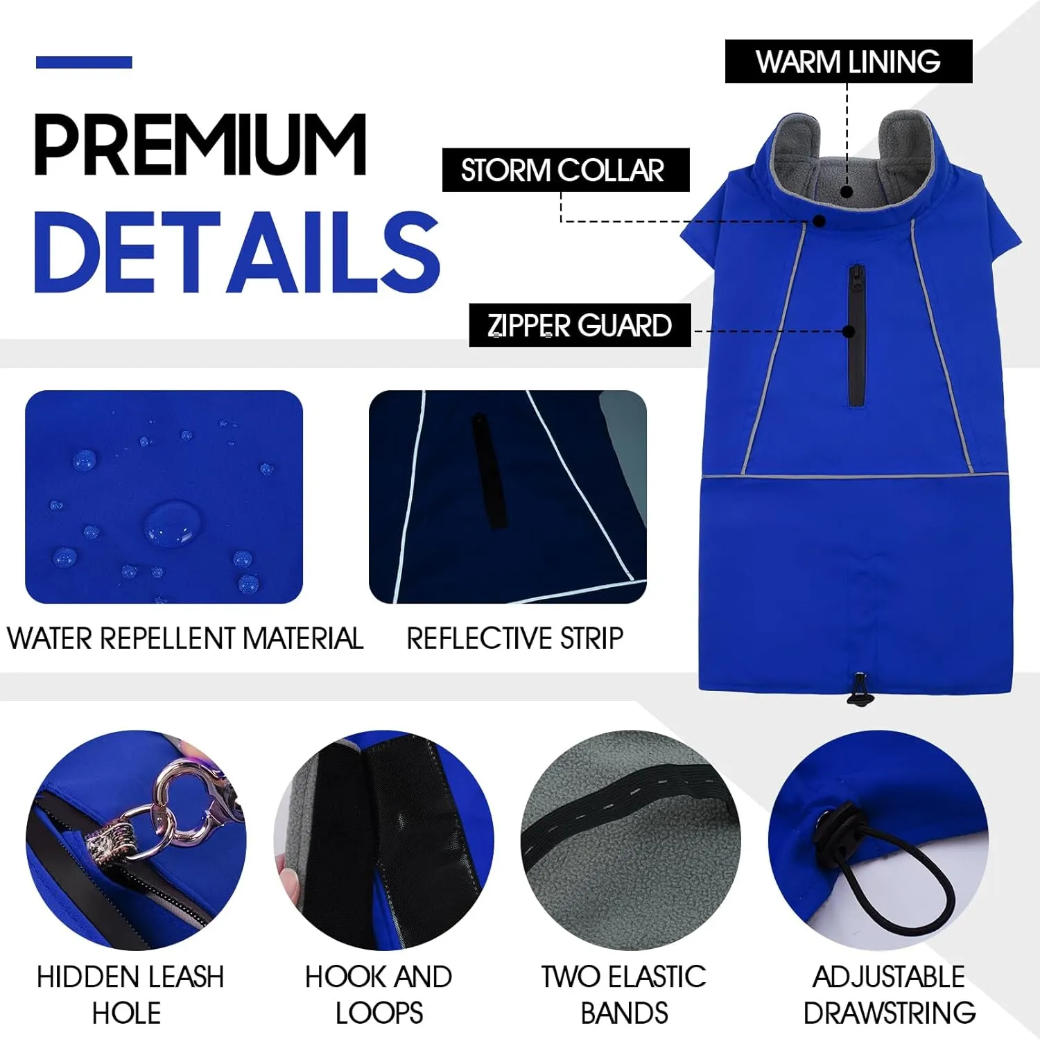 ROZKITCH Dog Raincoat Jacket Waterproof Windproof Dog Rain Jacket with Fleece Liner and Leash Hole Reflective Strip for Medium Large Dog, Adjustable Poncho Vest for Outdoor Hiking Travel Blue 2XL