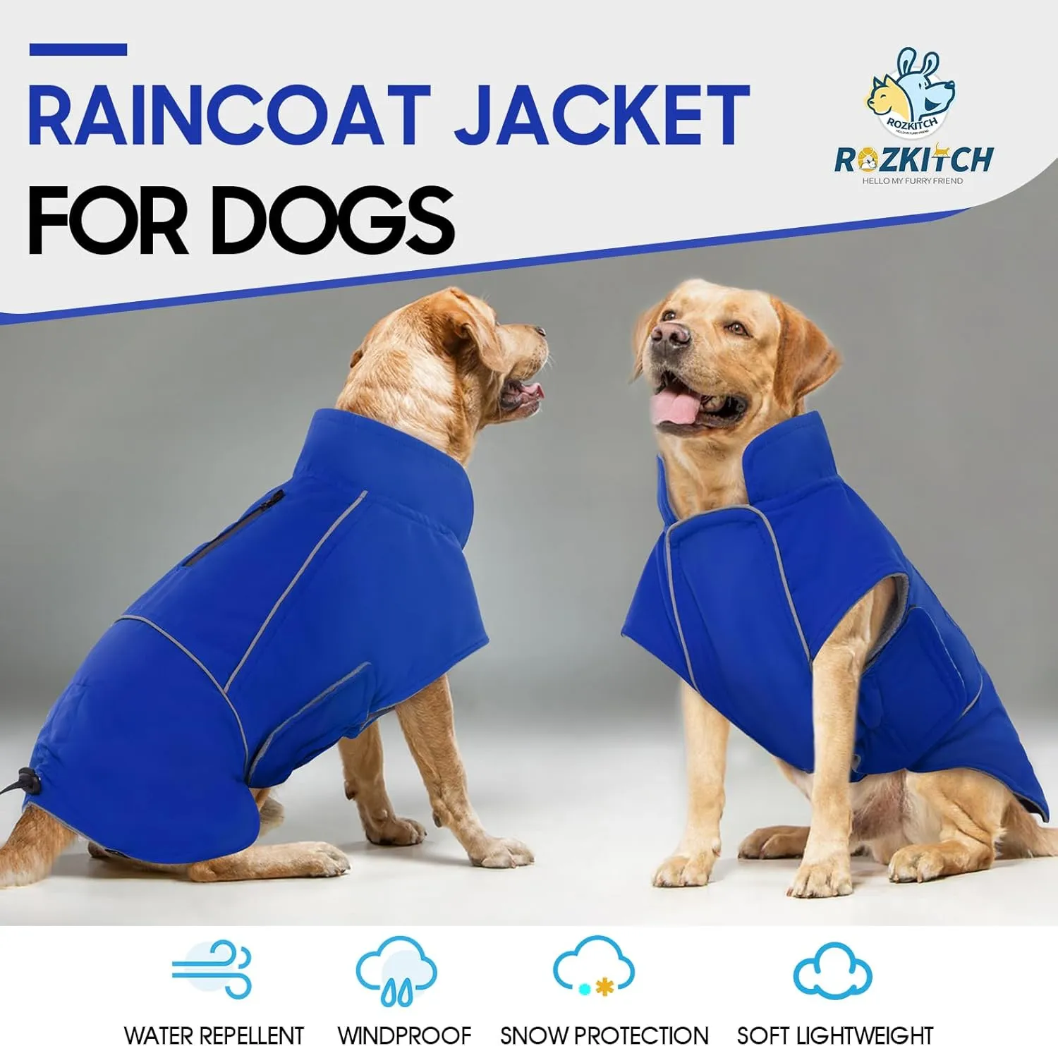 ROZKITCH Dog Raincoat Jacket Waterproof Windproof Dog Rain Jacket with Fleece Liner and Leash Hole Reflective Strip for Medium Large Dog, Adjustable Poncho Vest for Outdoor Hiking Travel Blue 2XL