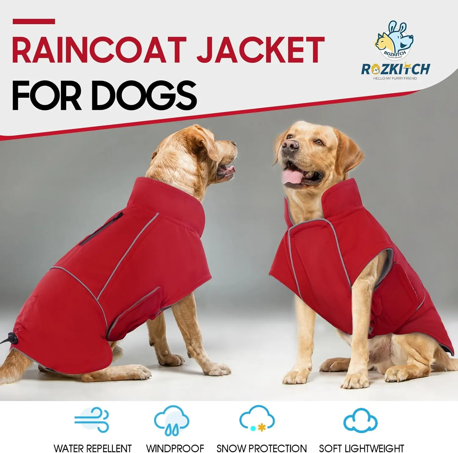 ROZKITCH Dog Raincoat Jacket Waterproof Windproof Dog Rain Jacket with Fleece Liner and Leash Hole Reflective Strip for Medium Large Dog, Adjustable Poncho Vest for Outdoor Hiking Travel Red 2XL