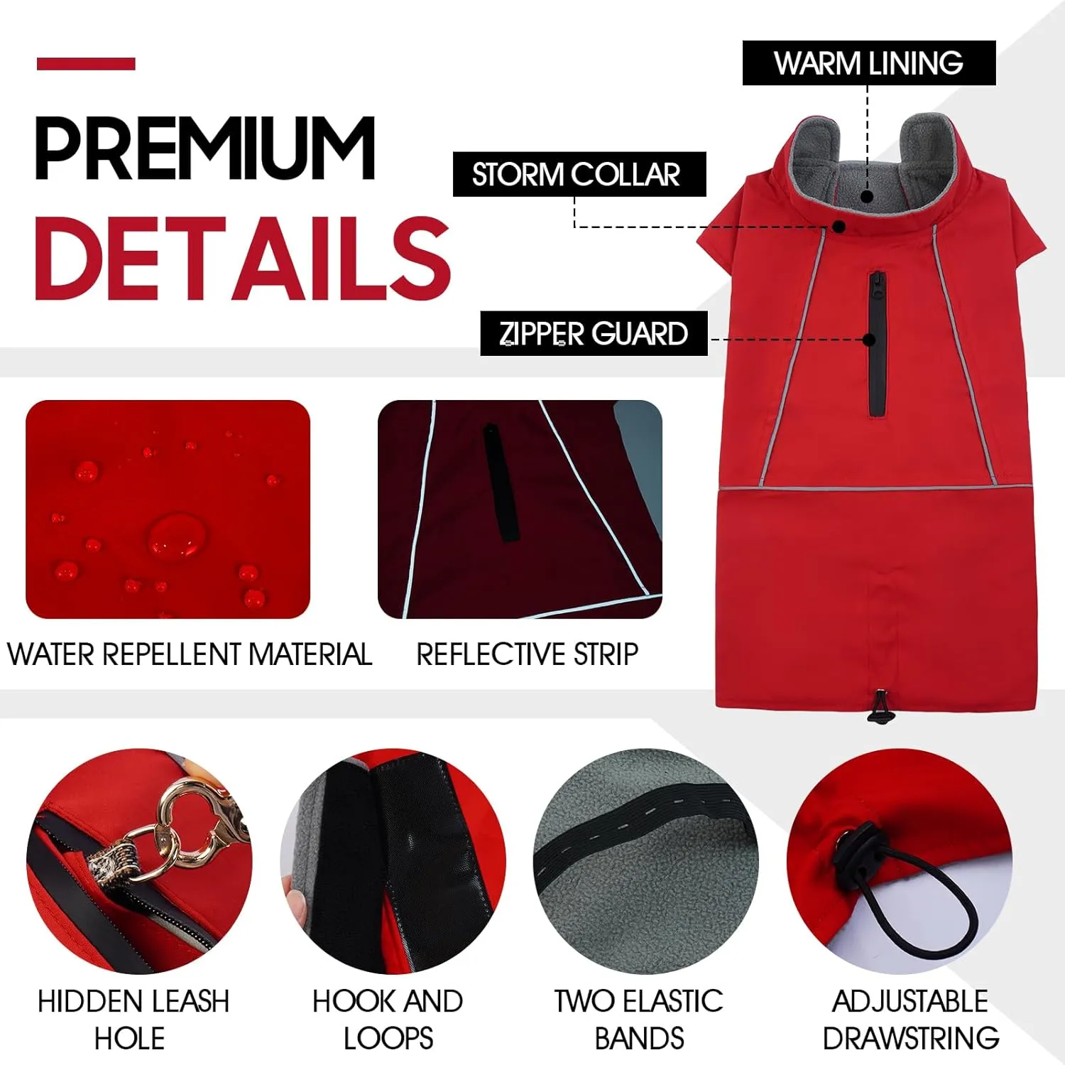ROZKITCH Dog Raincoat Jacket Waterproof Windproof Dog Rain Jacket with Fleece Liner and Leash Hole Reflective Strip for Medium Large Dog, Adjustable Poncho Vest for Outdoor Hiking Travel Red 2XL