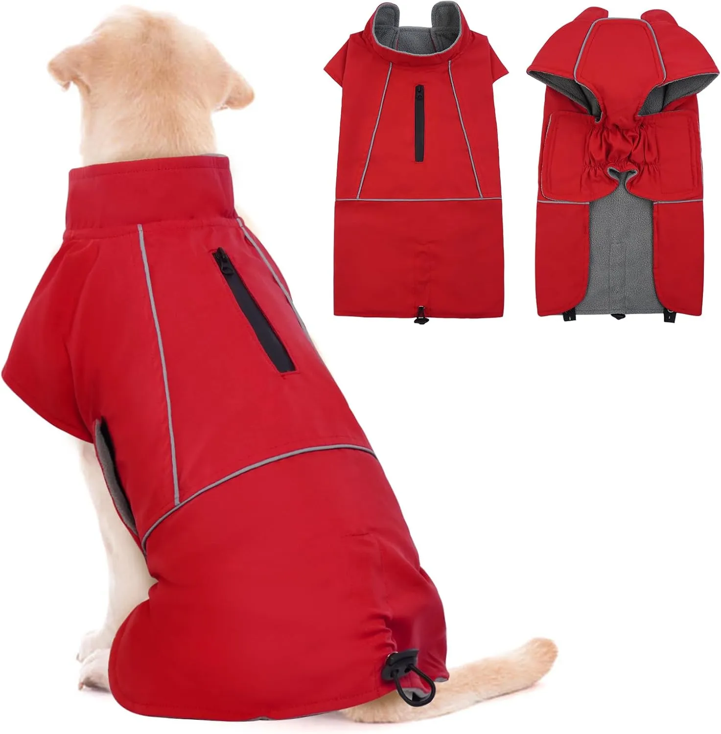 ROZKITCH Dog Raincoat Jacket Waterproof Windproof Dog Rain Jacket with Fleece Liner and Leash Hole Reflective Strip for Medium Large Dog, Adjustable Poncho Vest for Outdoor Hiking Travel Red 2XL
